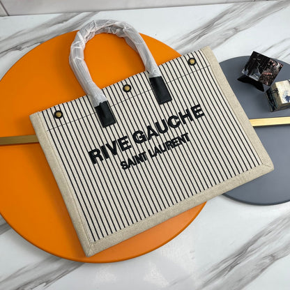 Rive Gauche Tote Ivory Black Canvas Leather Trim 286033