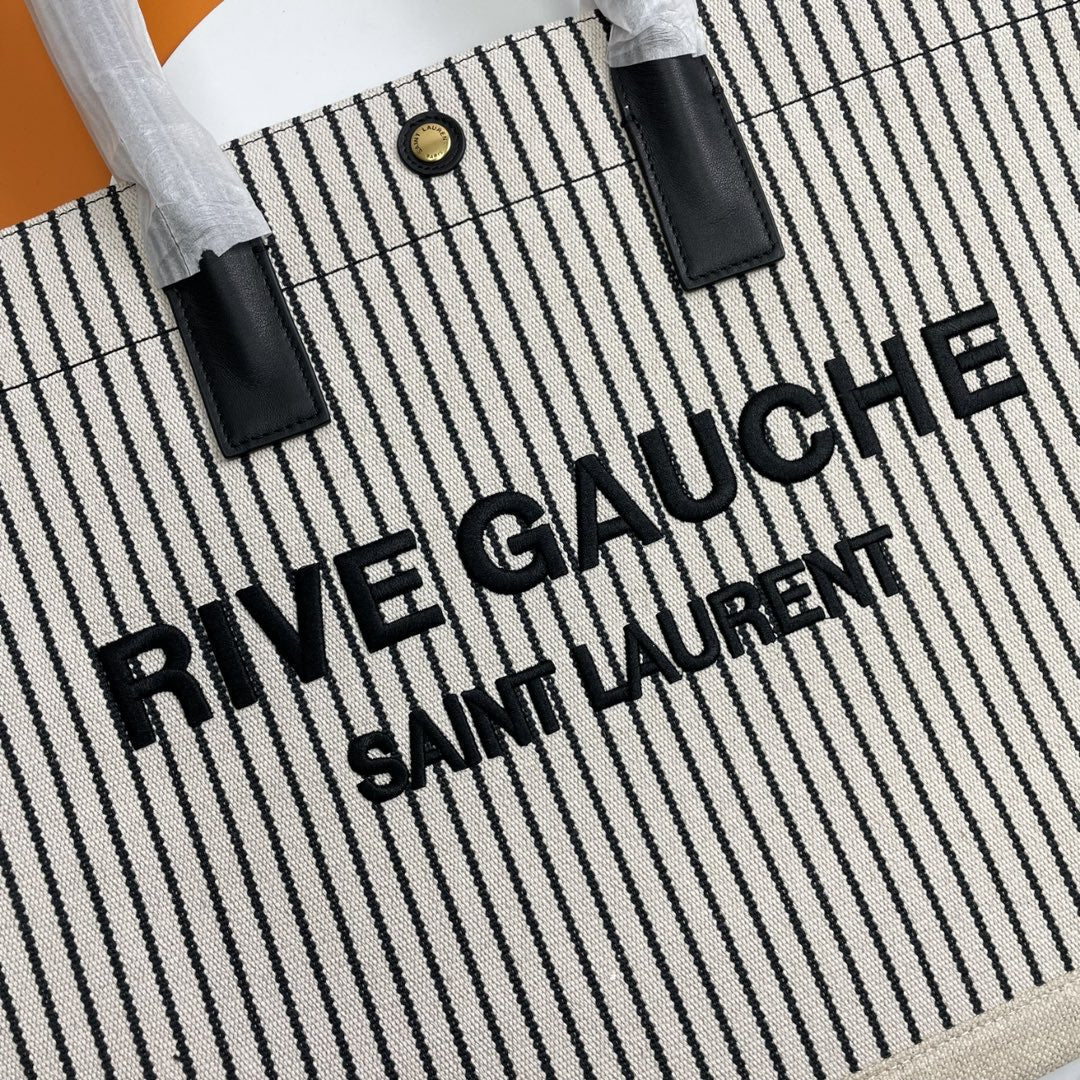 Rive Gauche Tote Ivory Black Canvas Leather Trim 286033