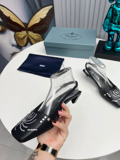 Prada 26SS Slingback 4cm Black Calfskin 680974