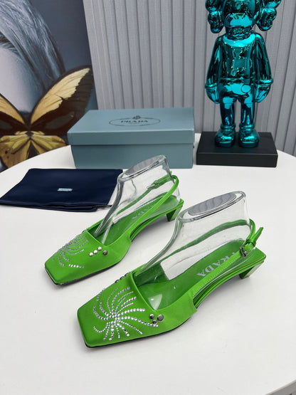 Prada 26SS Slingback 4cm Green Satin 680977