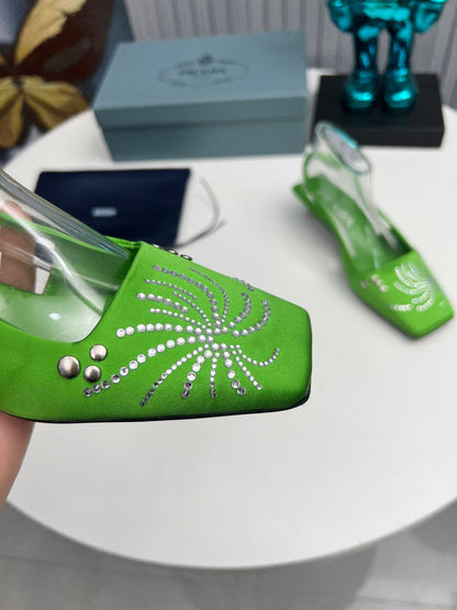Prada 26SS Slingback 4cm Green Satin 680977