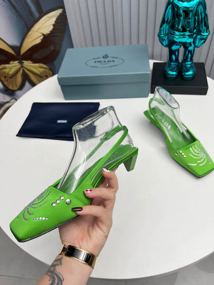 Prada 26SS Slingback 4cm Green Satin 680977