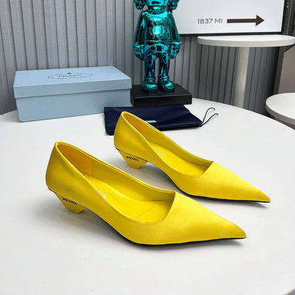 Prada 26SS Pointed-Toe Pumps 4cm Yellow Satin 680952