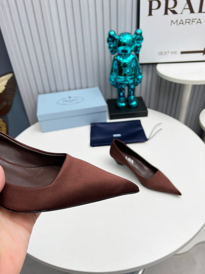 Prada 26SS Pointed-Toe Pumps 4cm Chocolate Satin 680953