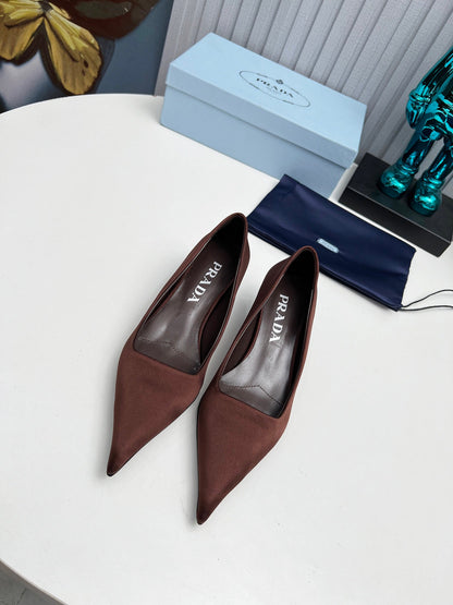 Prada 26SS Pointed-Toe Pumps 4cm Chocolate Satin 680953