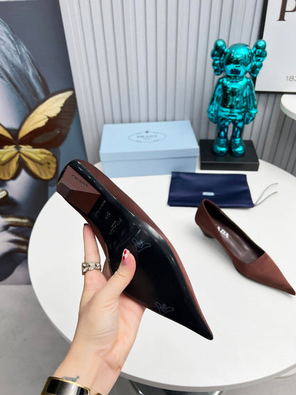 Prada 26SS Pointed-Toe Pumps 4cm Chocolate Satin 680953