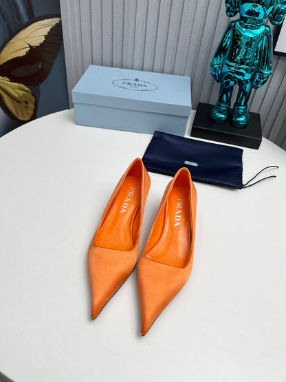 Prada 26SS Pointed-Toe Pumps 4cm Orange Satin 680954