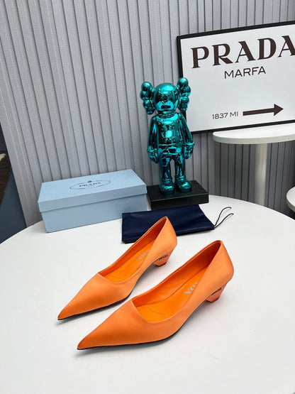 Prada 26SS Pointed-Toe Pumps 4cm Orange Satin 680954