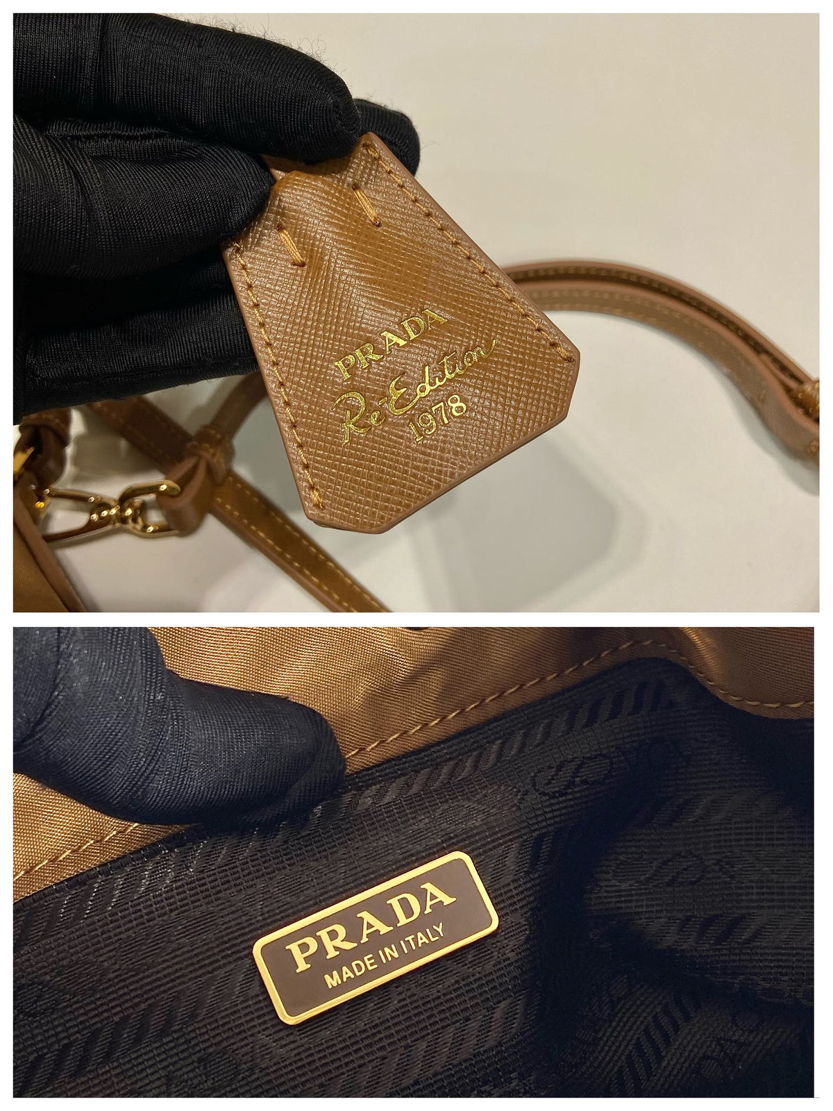 BUCKET BAG 19 IN RUSSET BROWN RE-NYLON AND CALFSKIN HANDLE