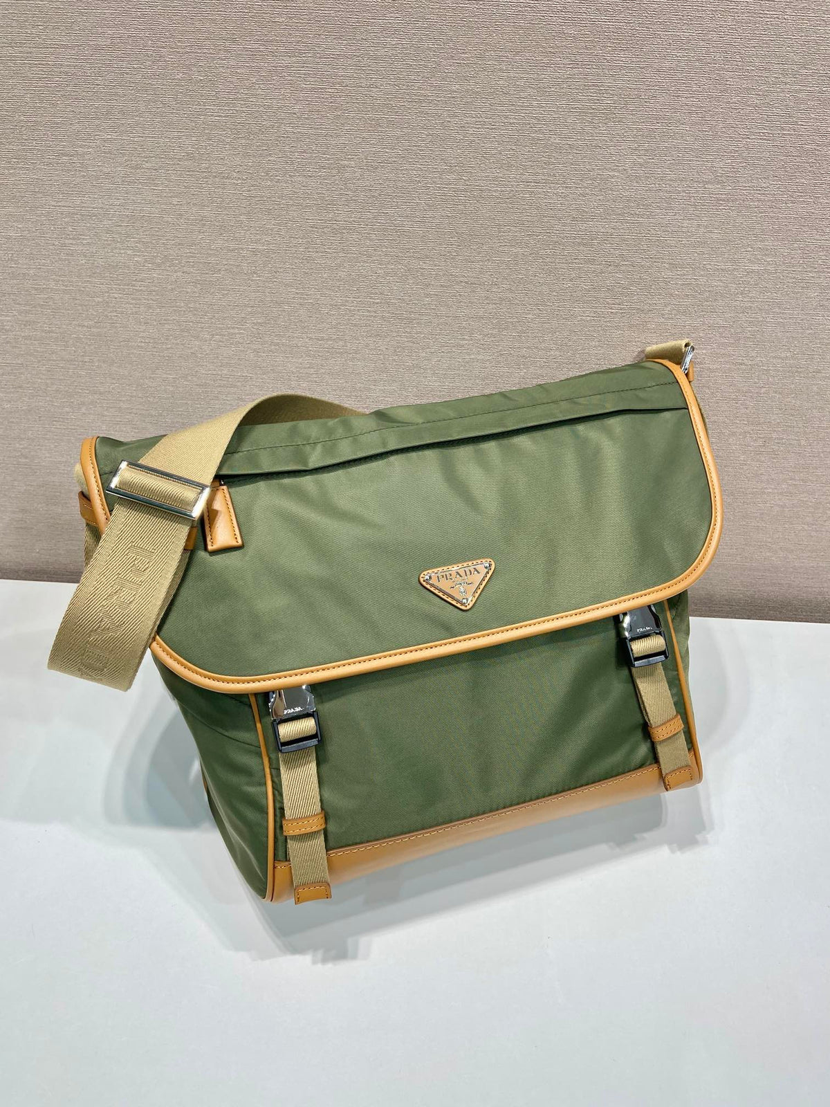 LARGE FLAP BAG 30 IN SEAWEED GREEN RE-NYLON AND BROWN CALFSKIN TRIM