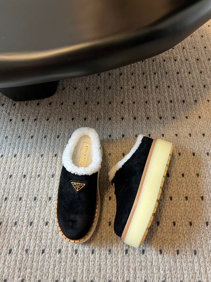 Prada 25s Furry Half-Cover Slippers Black Suede And Wool 538430