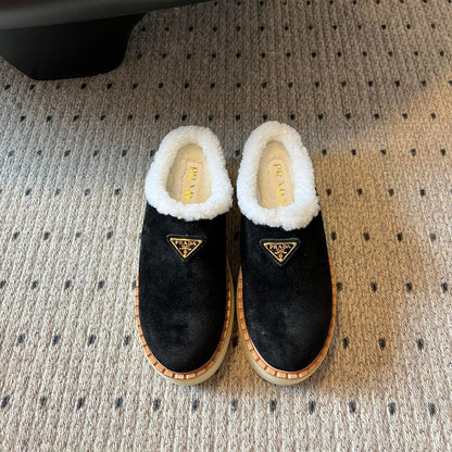 Prada 25s Furry Half-Cover Slippers Black Suede And Wool 538430