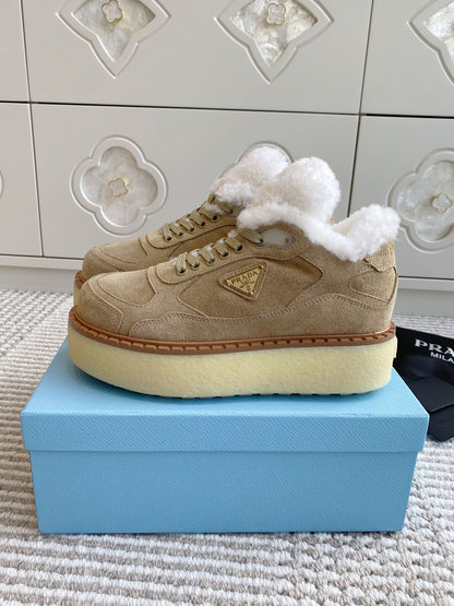 Prada Mid-Top Sneakers Light Khahi Suede White Shearing 564158