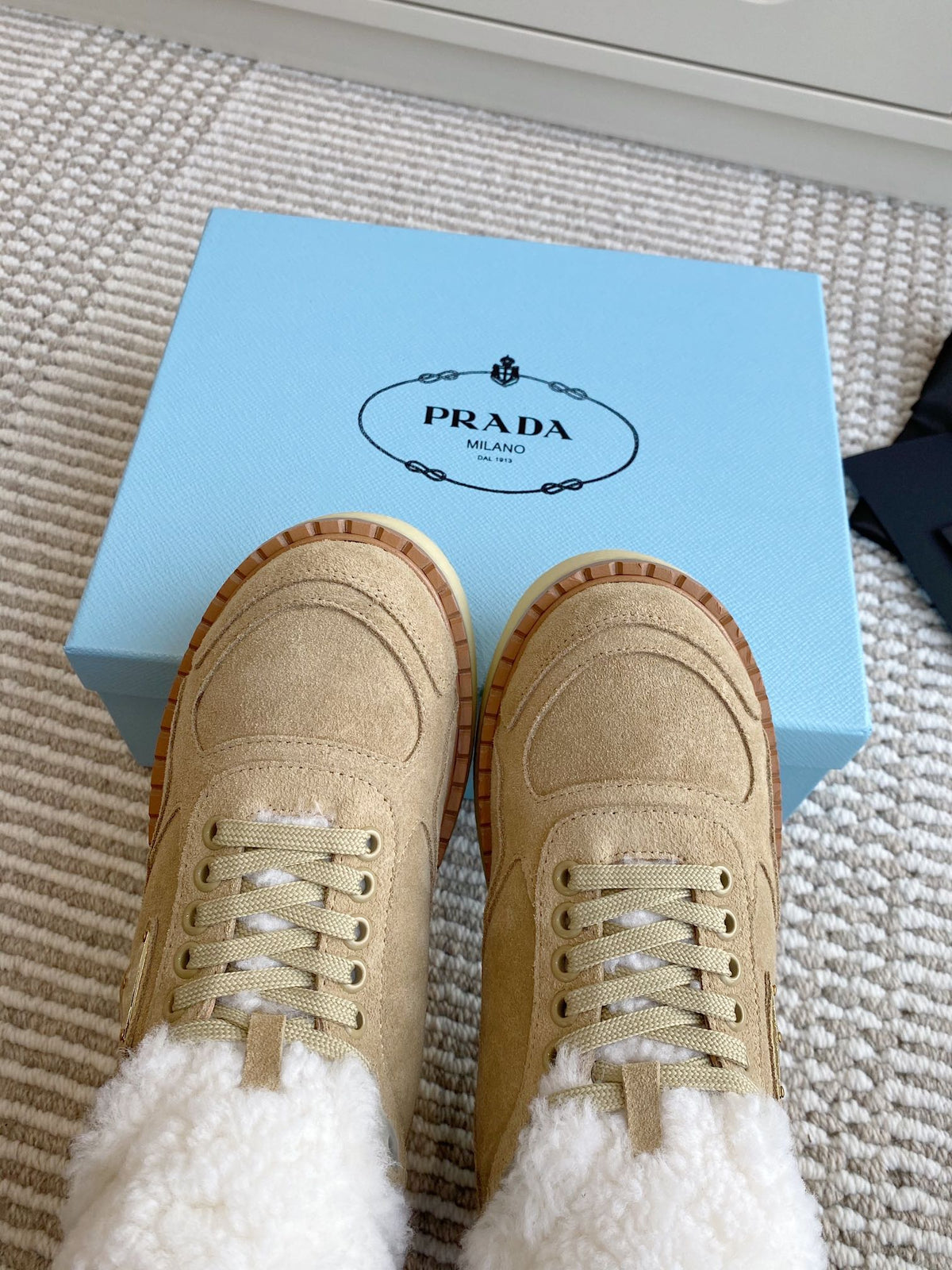 Prada Mid-Top Sneakers Light Khahi Suede White Shearing 564158
