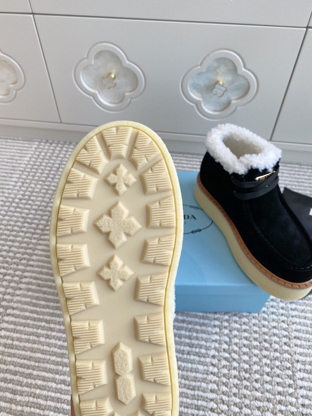 Prada Chukka Boots Black Suede White Shearing 564160