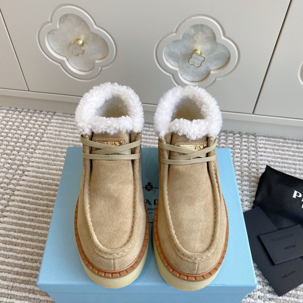 Prada Chukka Boots Light Khahi Suede White Shearing 564161