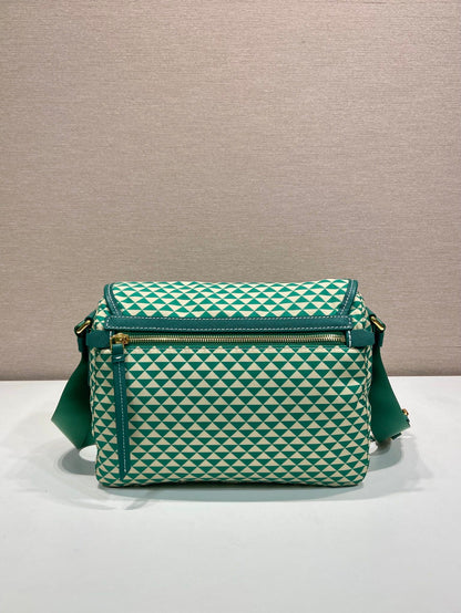 MESSENGER BAG 25 IN FOREST GREEN MIX CREAM TRIANGLE PATTERN EMBROIDERED FABRIC