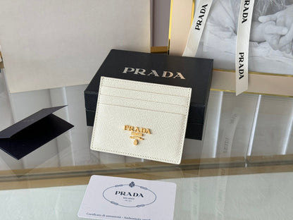 Pra Gold Logo-Stamp Card Holder White Saffiano Leather