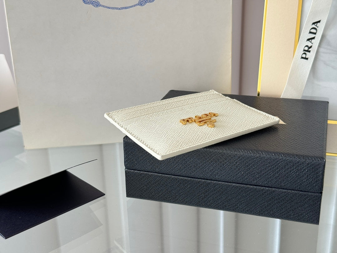 Pra Gold Logo-Stamp Card Holder White Saffiano Leather