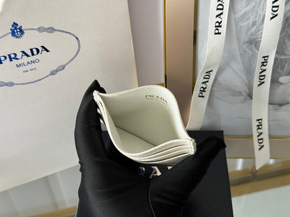 Pra Gold Logo-Stamp Card Holder White Saffiano Leather