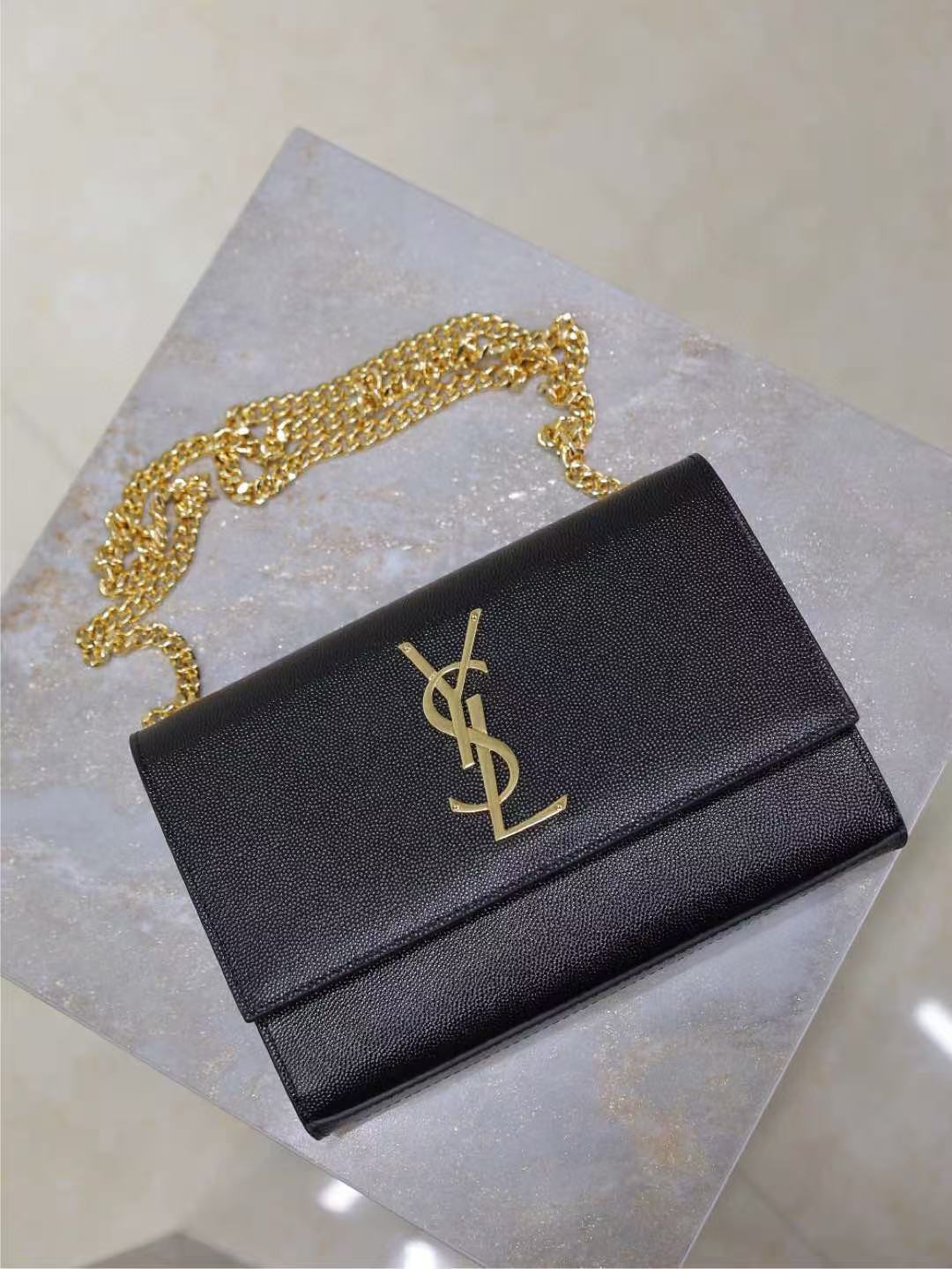 YSL Kate Small Chain Bag 20cm Black Gold Grained Calfskin