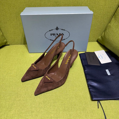 Prada Slingback Triangle-Logo Pumps 75mm Coffee Suede