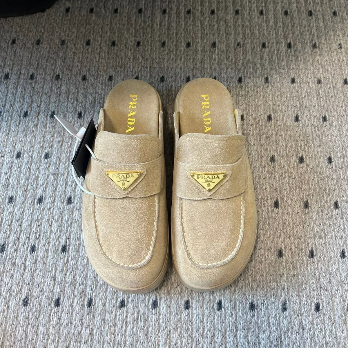 Prada 2026 Loafer Mule Beige Suede Rubber