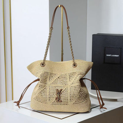 YSL Jamie Shopping Bag 35cm Dark Brown Beige Raffia Leather