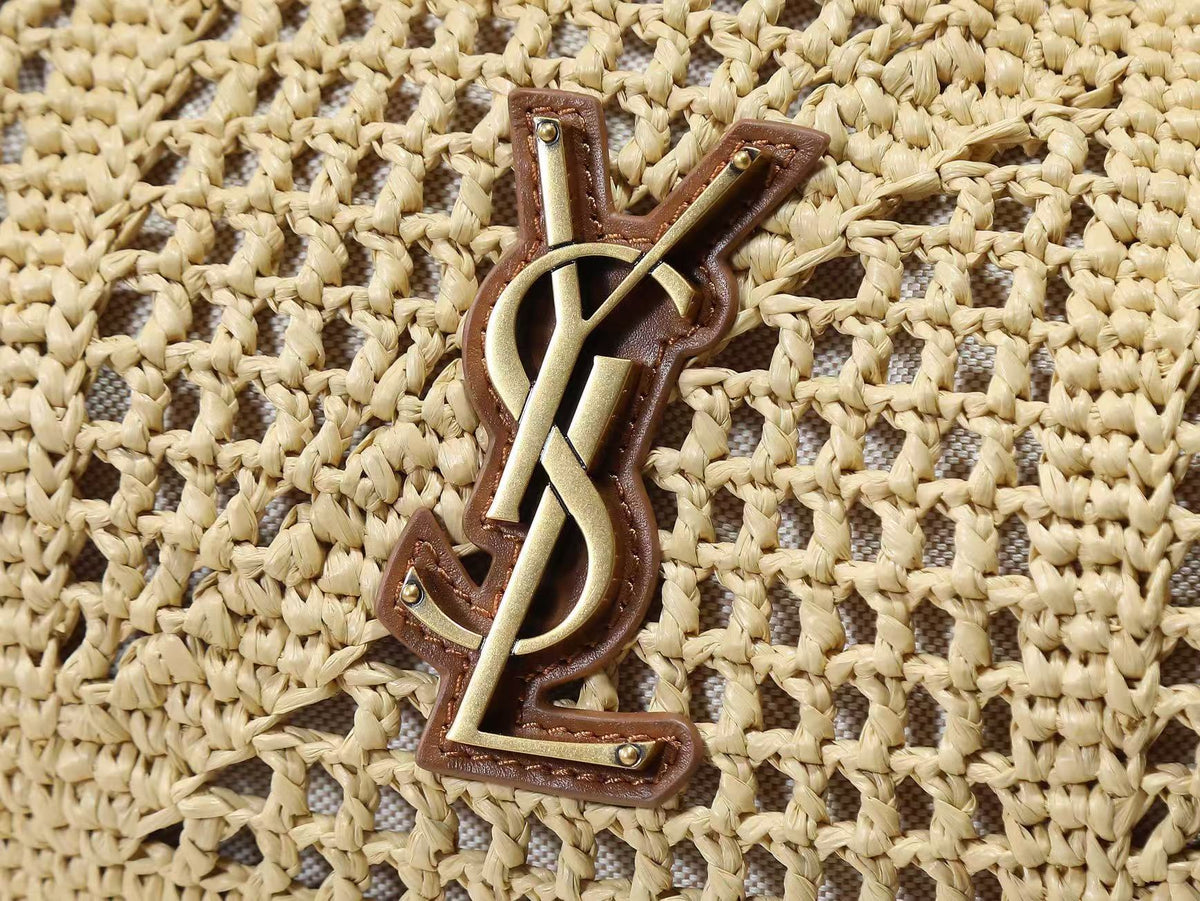 YSL Jamie Shopping Bag 35cm Dark Brown Beige Raffia Leather