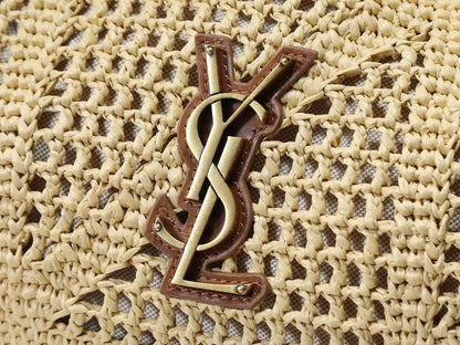 YSL Jamie Shopping Bag 35cm Dark Brown Beige Raffia Leather
