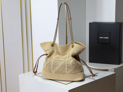 YSL Jamie Shopping Bag 35cm Dark Brown Beige Raffia Leather