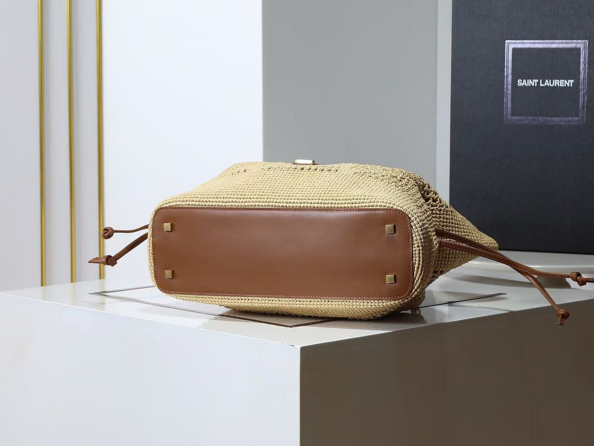 YSL Jamie Shopping Bag 35cm Dark Brown Beige Raffia Leather