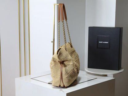 YSL Jamie Shopping Bag 35cm Dark Brown Beige Raffia Leather