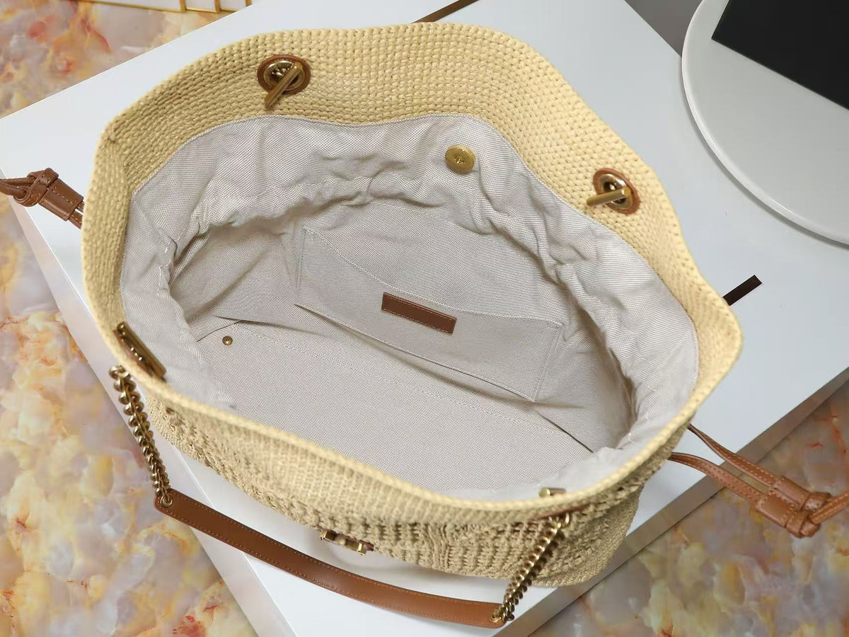 YSL Jamie Shopping Bag 35cm Dark Brown Beige Raffia Leather