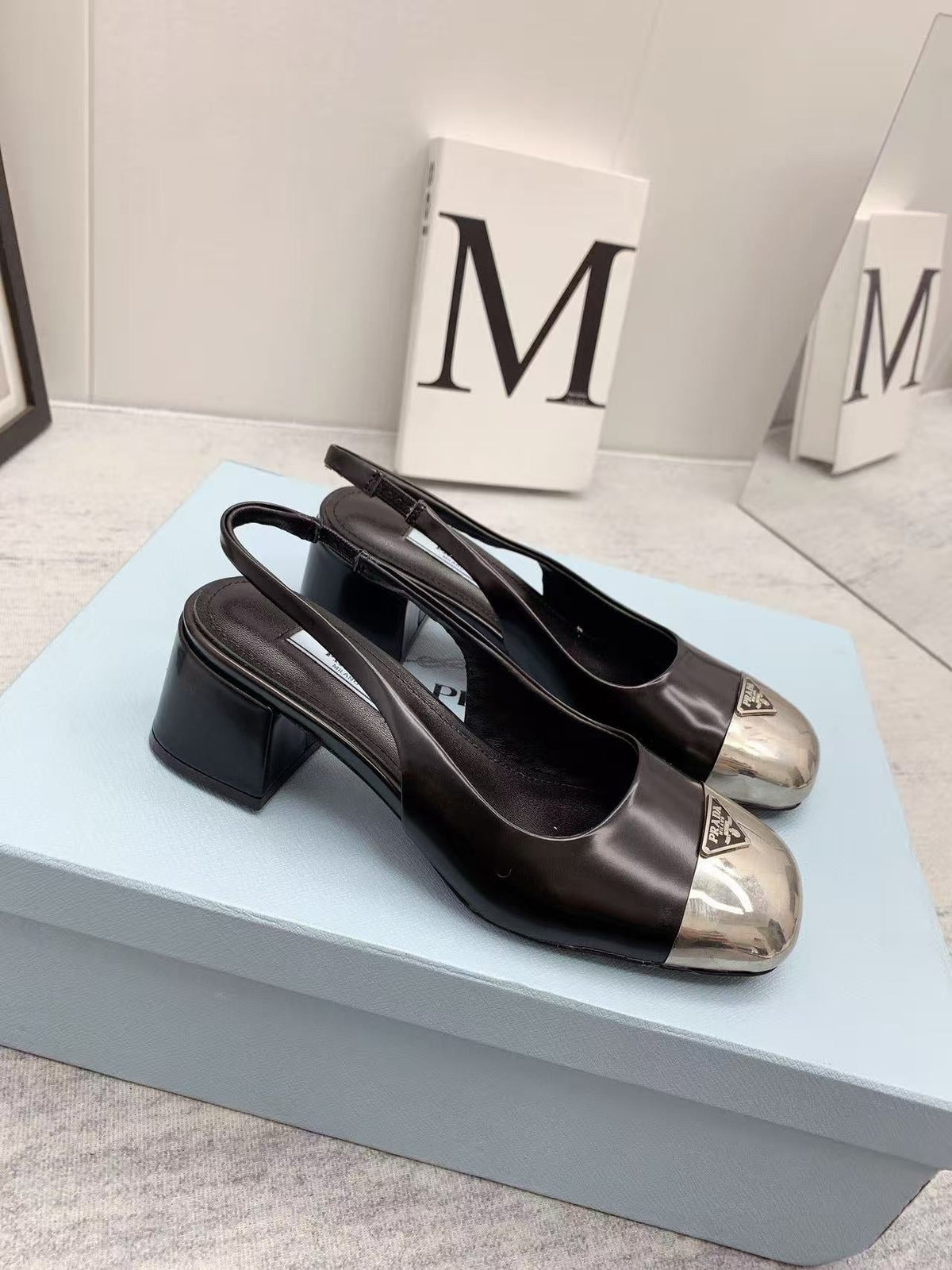 Prada 2026 Mary Jane Sandals 55 Black Metallic Silver Sheepskin 731165