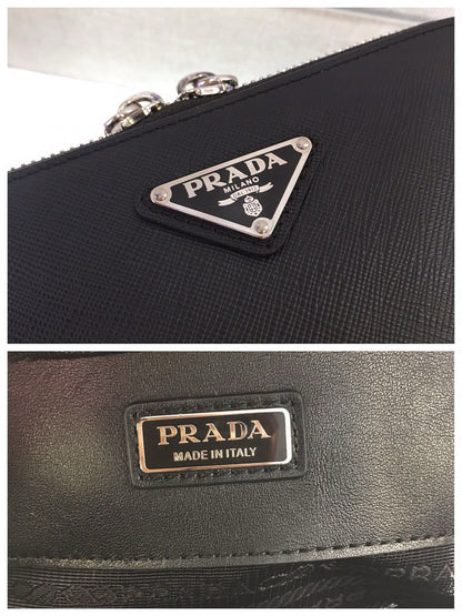 PRA CAMERA BAG 18CM IN BLACK TRIANGLE PATTERN COWHIDE SILVER HARDWARE