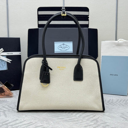 Prada Linen Medium Tote Bag Soft Grain Leather & Canvas
