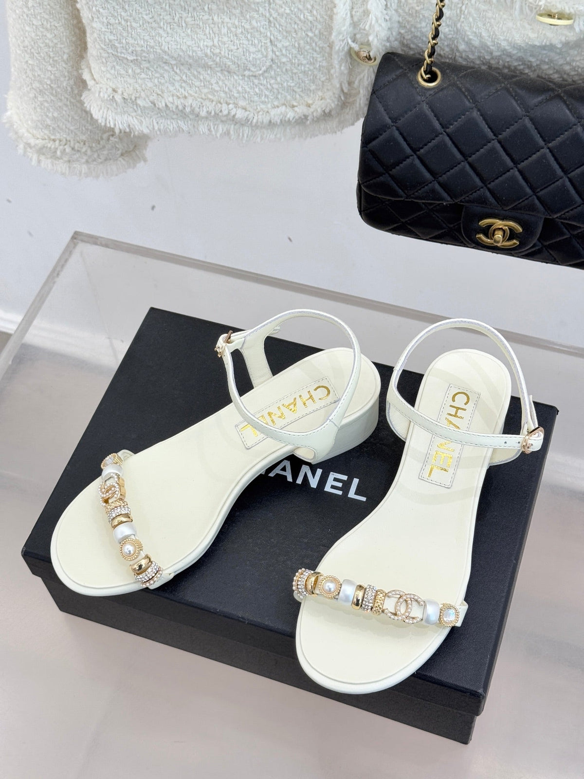 CC 2026 Chunky Heel Sandals 40 Sheepskin Gold Charm