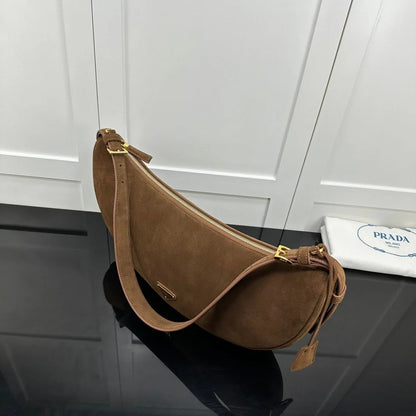 Prada 2026 Large Demi-Lune Shoulder Bag 42cm Brown Suede
