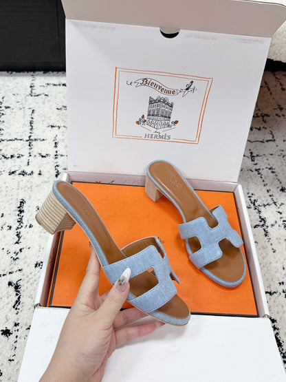 HM 26ss High-Heeled Sandals 50 Brown Blue Denim Cowhide 617220