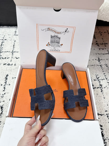 HM 26ss High-Heeled Sandals 50 Brown Dark Blue Denim Cowhide 617221