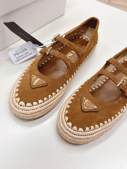 Prada 26s Mary Jane Espadrilles Shoes In Caramel Brown Suede With Logo