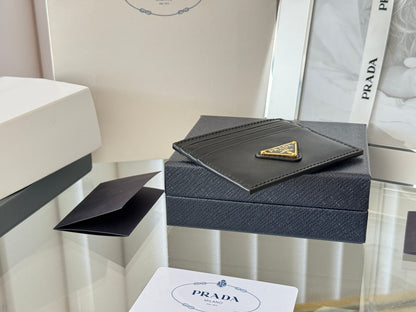 Pra Gold Logo-Plaque Card Holder Black Saffiano Leather