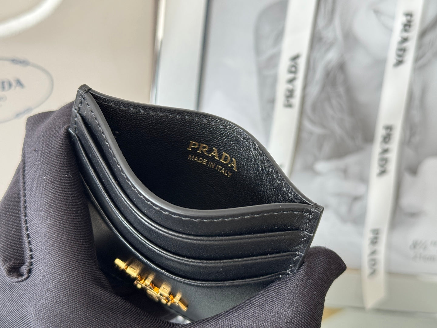 Pra Gold Logo-Stamp Card Holder Black Saffiano Leather