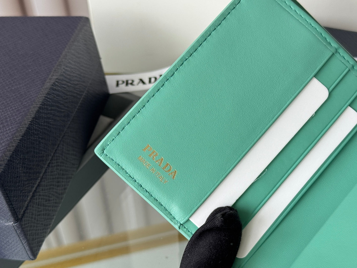 Pra 1MV204 Small Wallet Light Green Saffiano & Smooth Leather