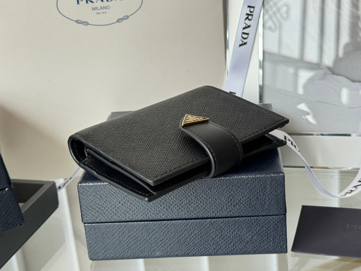 Pra 1MV204 Small Wallet Black Gold Tone Saffiano & Smooth Leather