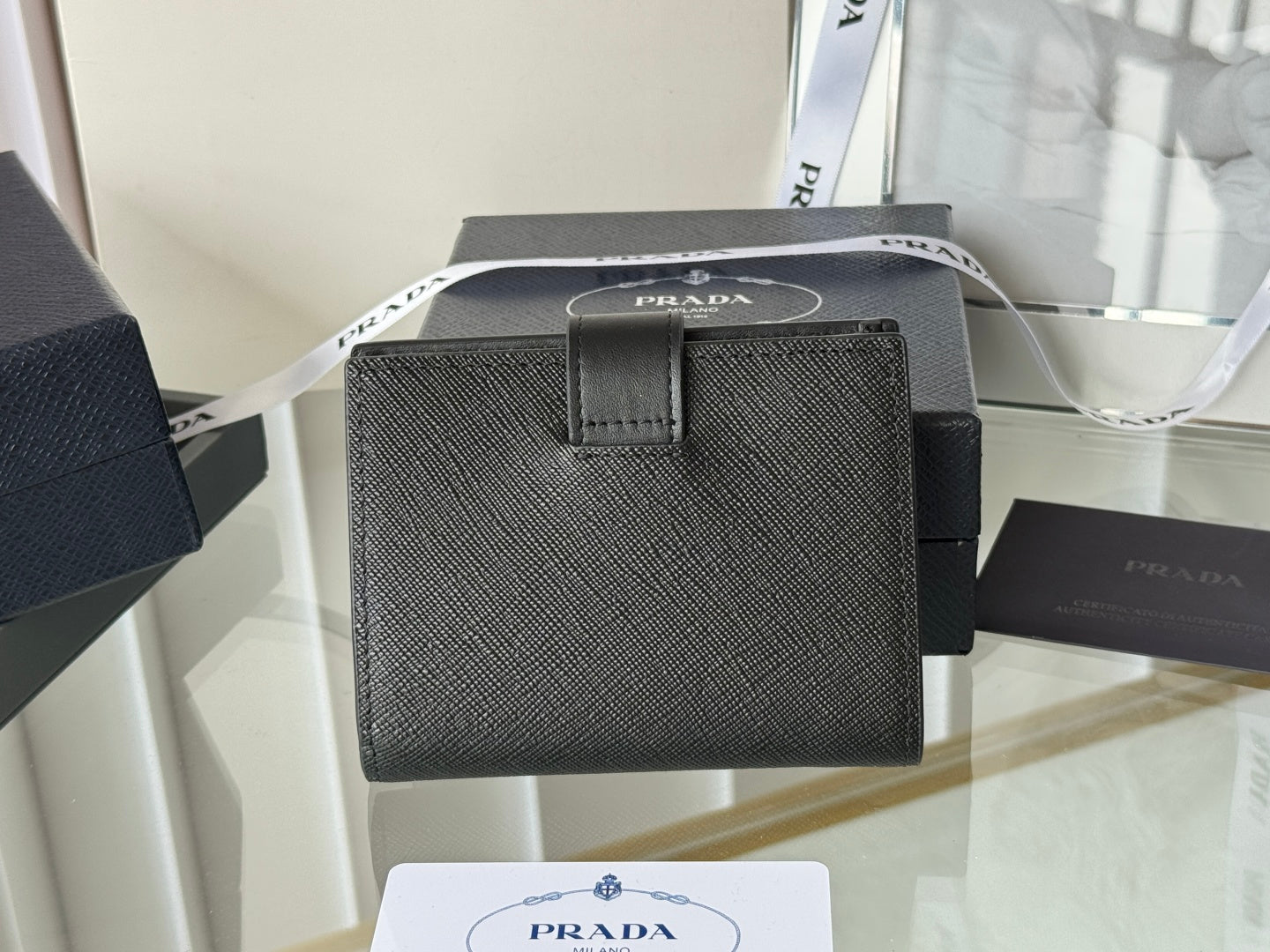 Pra 1MV204 Small Wallet Black Silver Tone Saffiano & Smooth Leather