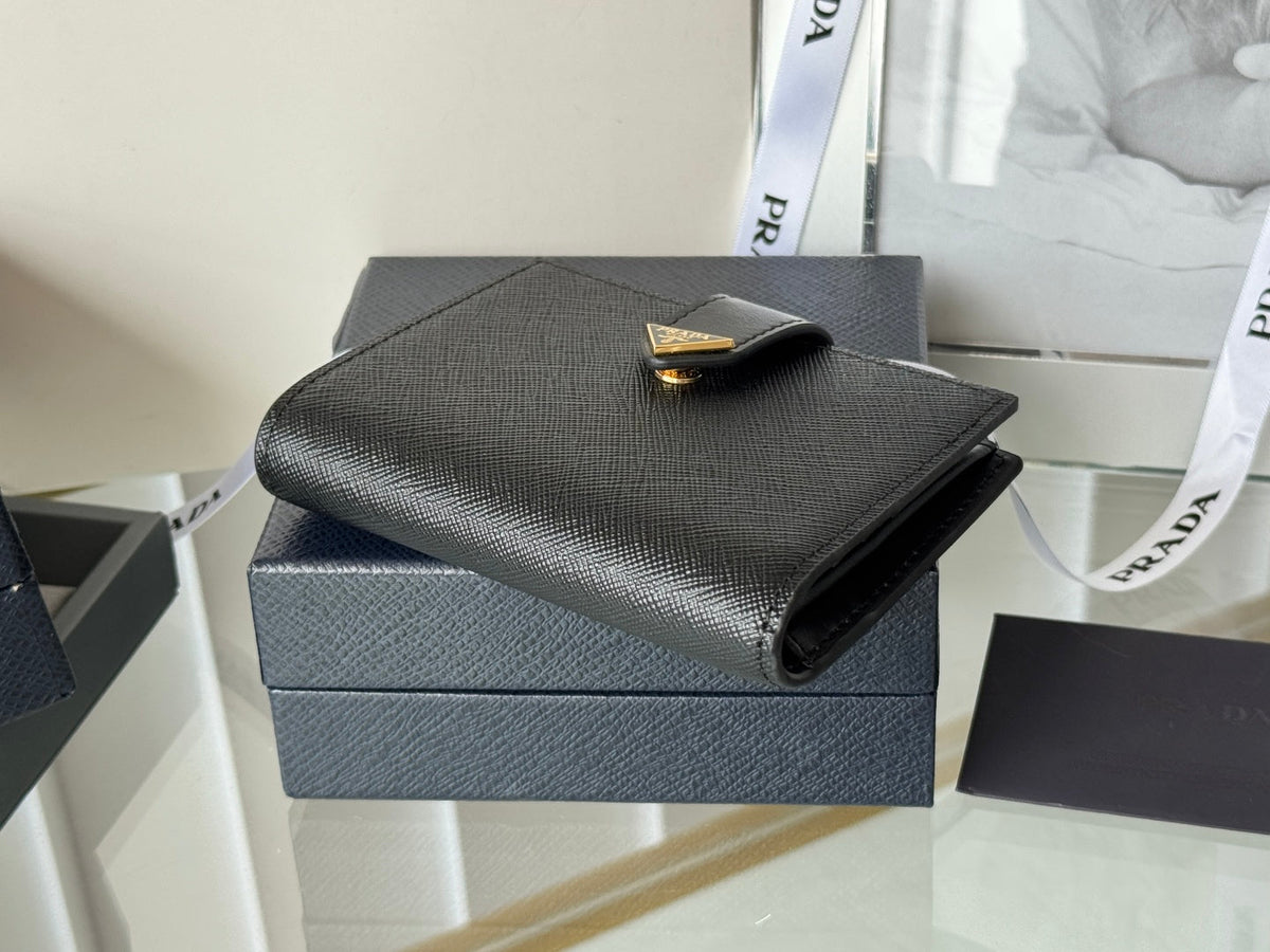 Pra 1MV204 Small Wallet Black Gold Tone Saffiano & Smooth Leather