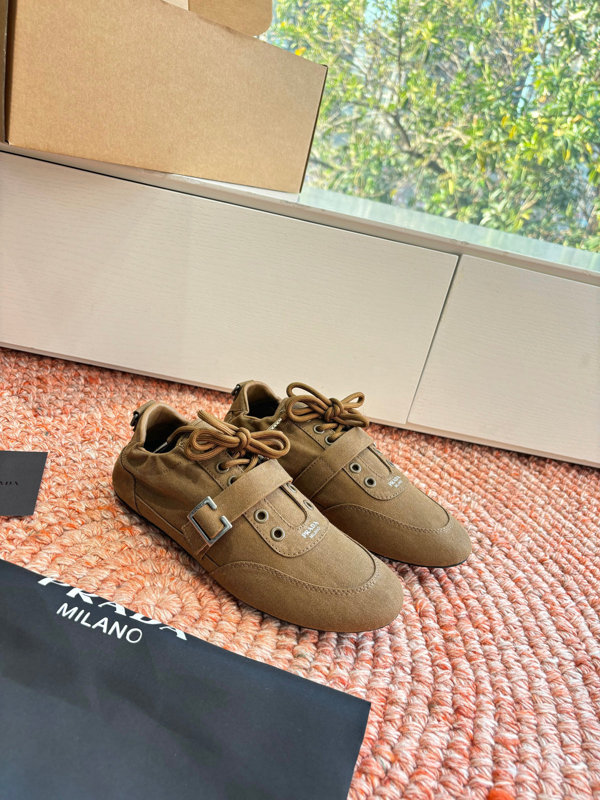 Prada Sneakers with Buckle and Strap Taupe Collapse Canvas 604166