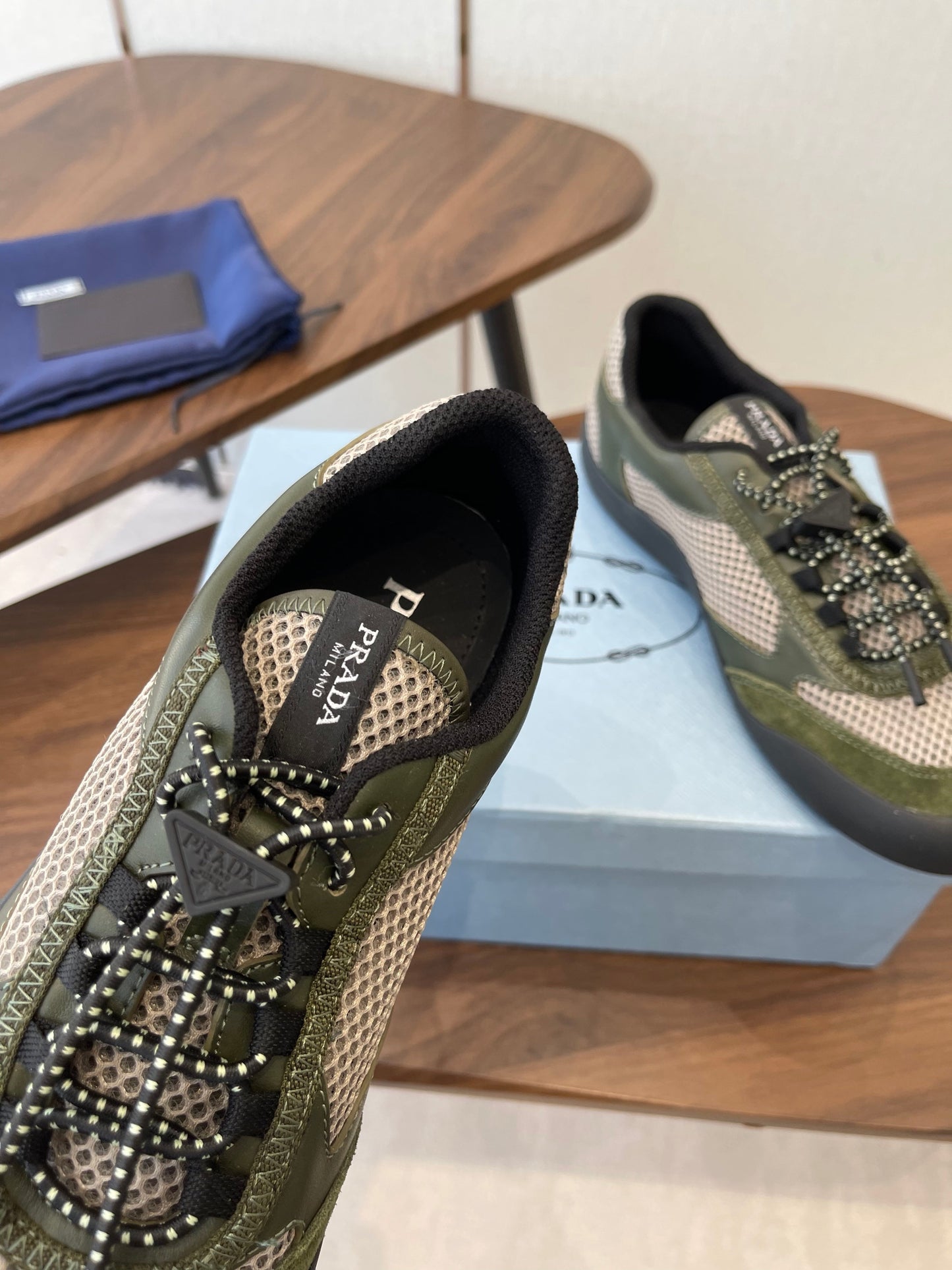 Prada Speedrock Sneakers Olive Green Mesh Fabric 727600